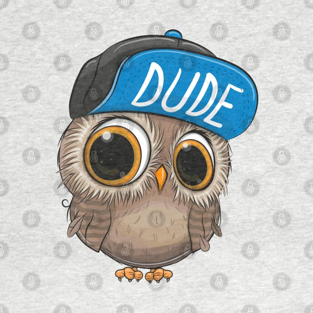 Cute little owl with big eyes and a cap with the inscription Dude by Reginast777